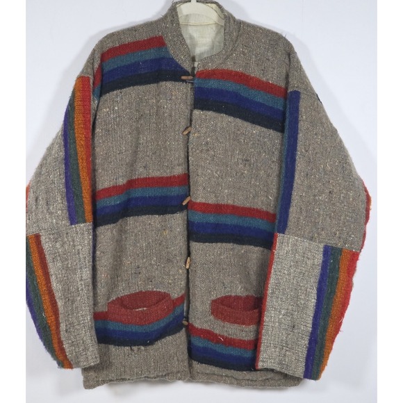 The Unbranded Brand Other - Vintage Wool-Feel Cardigan XL Tan Rainbow Stripe Wood Buttons Grandpa READ